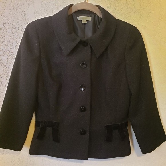 London Times Black Metallic Thread Velvet Bow Blazer Size 6 - Picture 7 of 10